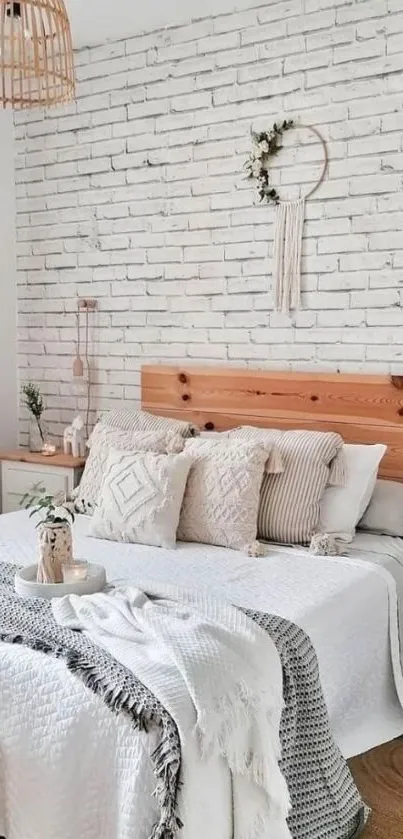 Cozy boho bedroom with white brick wall and natural decor.