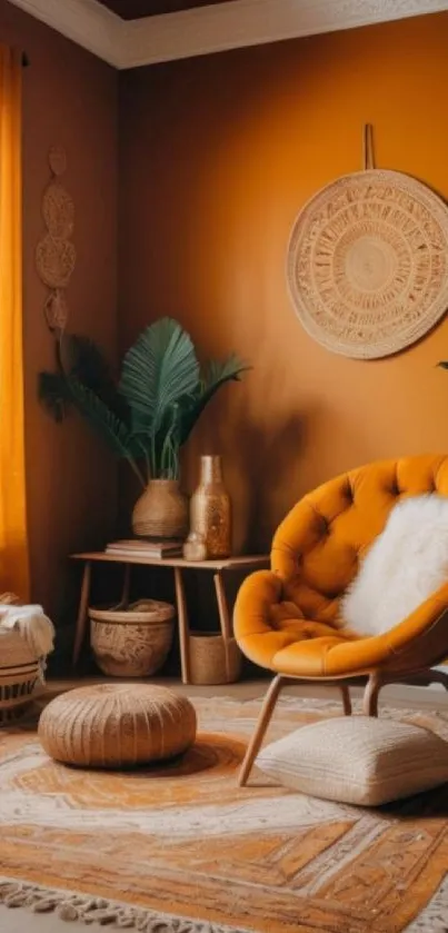 Boho style living room with earthy decor and vibrant plants.