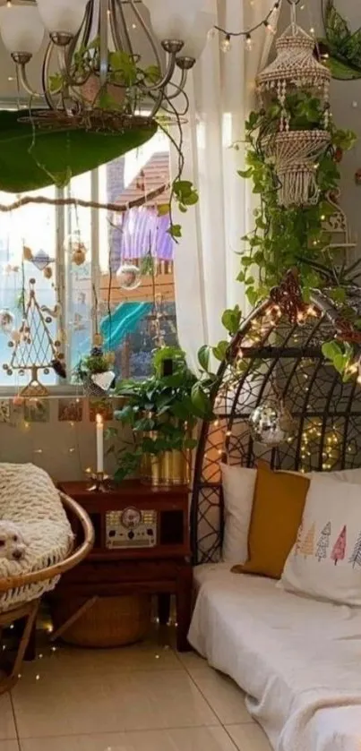 Cozy boho room with plants and warm decor.