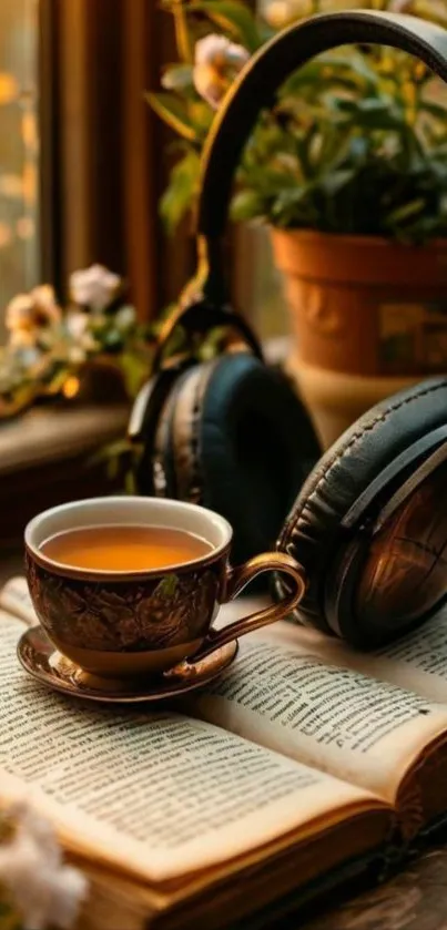 A cup of tea on a book with headphones by a window.