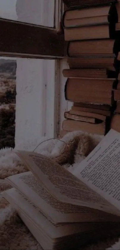 Cozy setting with books by the window.