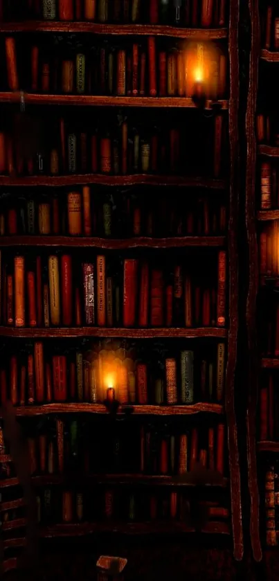 Dimly lit bookshelf wallpaper with a cozy, vintage aesthetic.