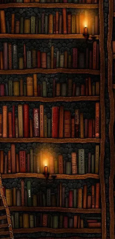 Warm, cozy bookshelf wallpaper with candles and vintage books.