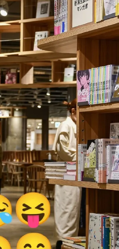Modern bookstore interior with wooden shelves and playful emoji accents.