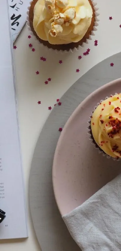Cozy breakfast flat lay with coffee, cupcakes, and glasses on a table.
