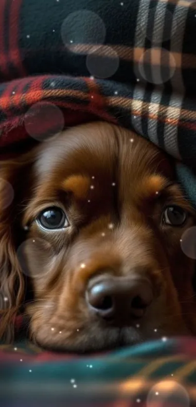 Cute brown puppy under plaid blanket, cozy mobile wallpaper.