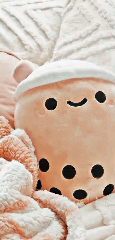 Cute bubble tea plush with cozy peach tones.