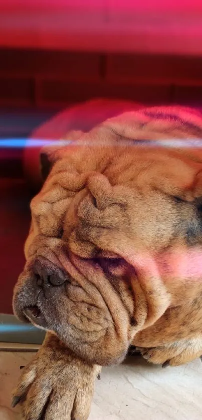 Bulldog relaxing inside a red dog house, looking cozy.