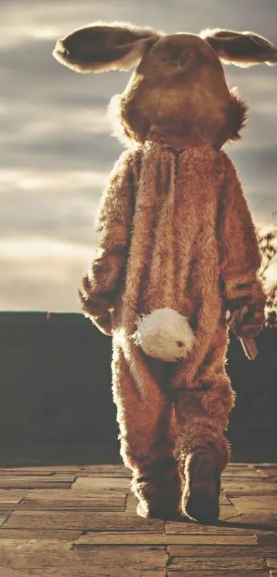 Person in bunny costume walking under a cloudy sky.