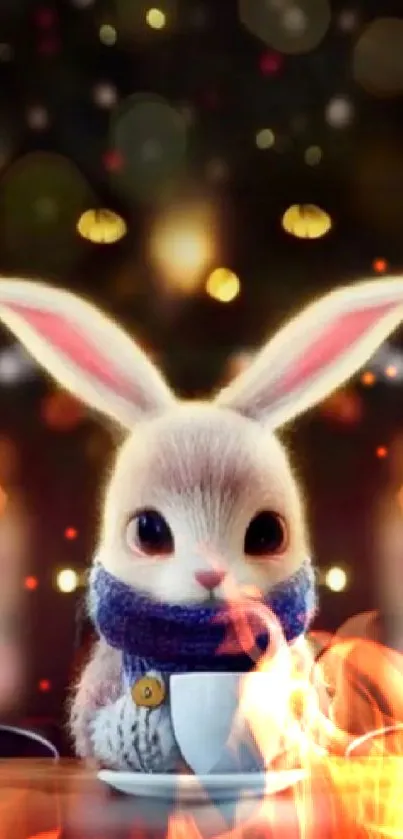 Adorable bunny with coffee cup and glowing lights.