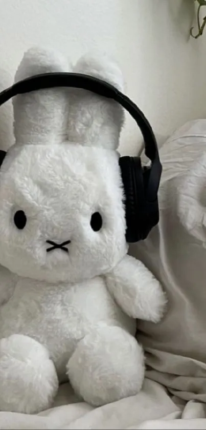 Cute plush bunny with headphones on a cozy bed.