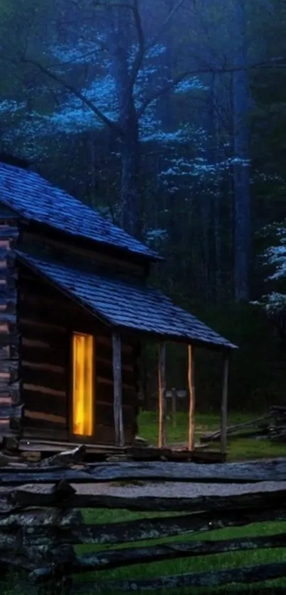 Cozy cabin illuminated at night amidst a dark forest background.