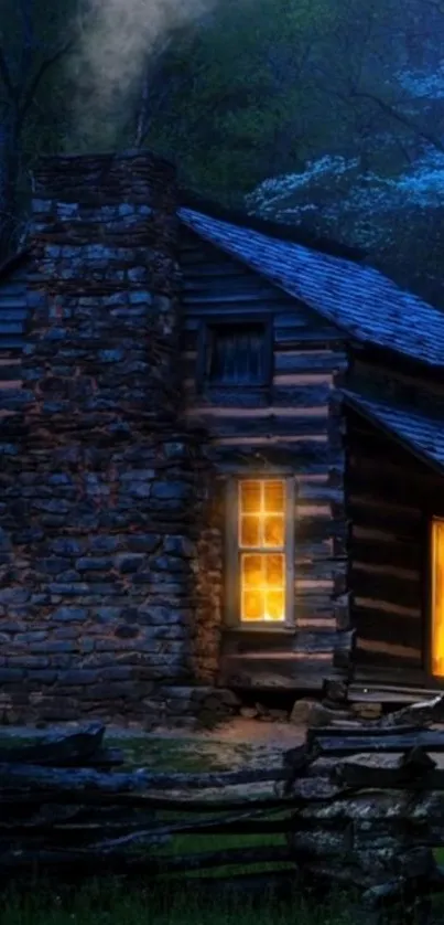 Cozy cabin in a forest at night with warm glowing windows.