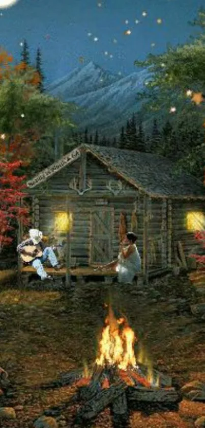 Cozy cabin and campfire under a starry autumn night sky.