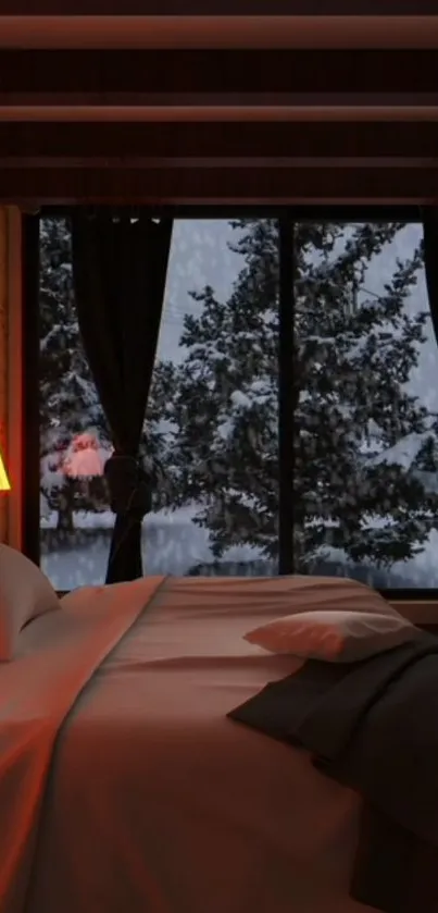 Cozy cabin bedroom with snowy forest view and soft lighting.