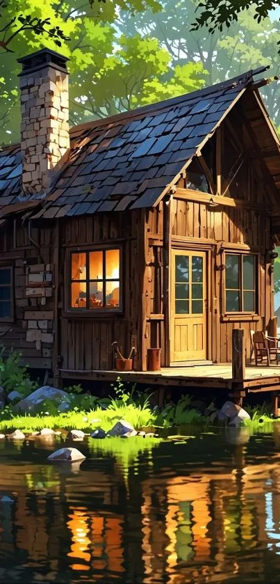 Cozy wooden cabin by a tranquil lakeside with lush greenery.