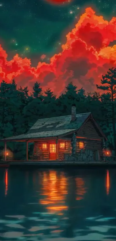 Serene lakeside cabin under vibrant starry sky with glowing clouds and reflections.