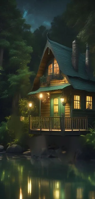 Cozy cabin by the tranquil lakeside at night.