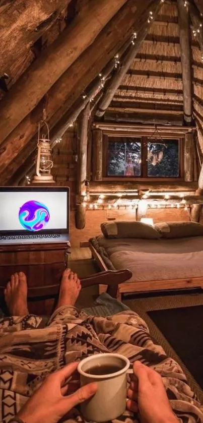 Cozy cabin evening with laptop, blanket, and warm lights.