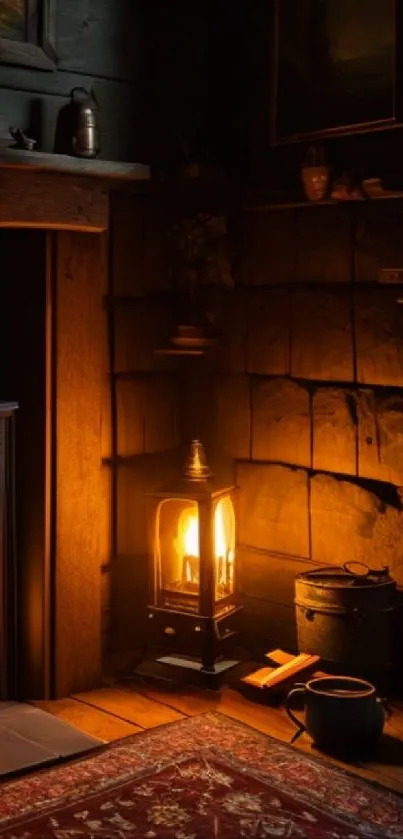 Warm cabin interior with glowing fireplace and rustic decor.