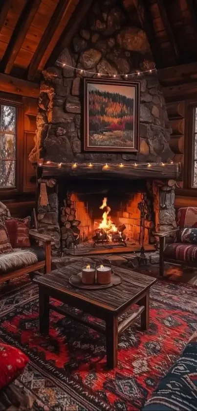 Cozy cabin interior with warm fireplace and rustic decor.