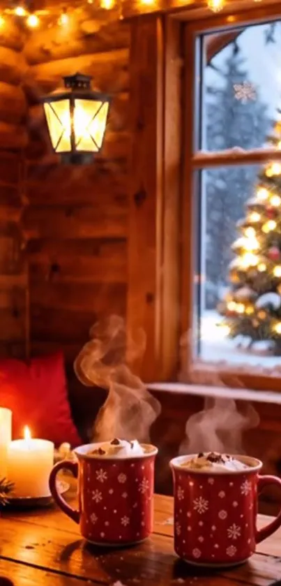 Cozy cabin interior with hot cocoa and Christmas tree.