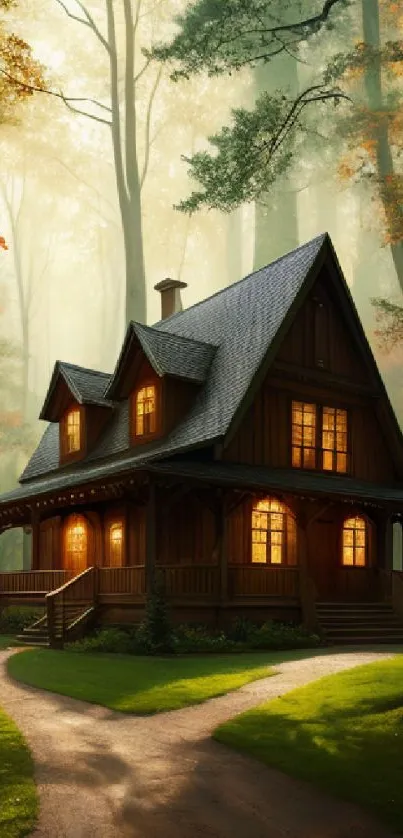 Cozy cabin in autumn forest with warm glow and misty ambiance.