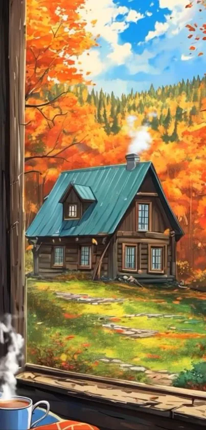 Cozy cabin in the woods during autumn with vibrant fall colors and a steaming hot drink.