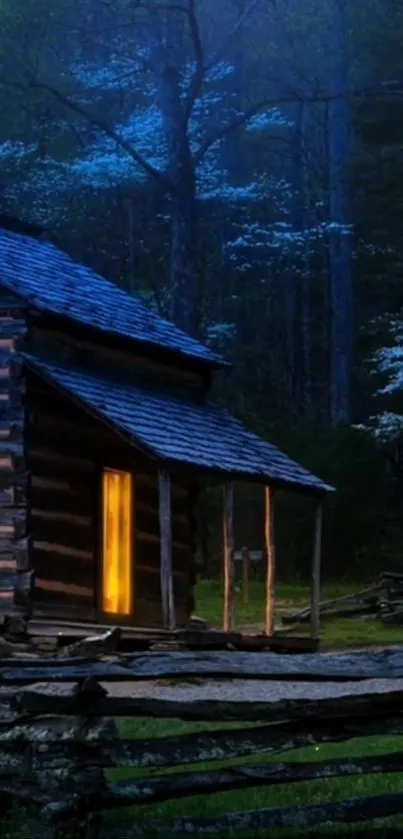 A cabin glowing at night in a peaceful forest setting.