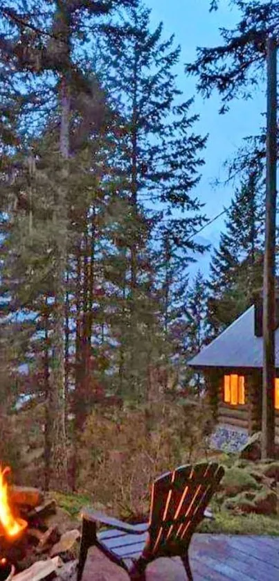 Cozy cabin with glowing fire in a forest setting.