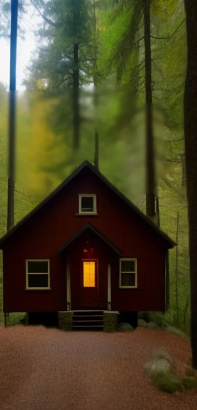 Cozy red cabin in lush forest wallpaper.