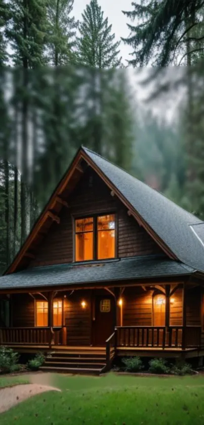 Cozy wooden cabin surrounded by tall green forest trees.