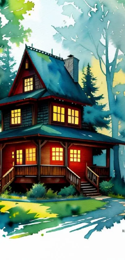 Artistic depiction of a cozy forest cabin with vibrant colors.