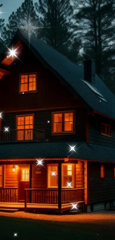 Cozy cabin with warm lights in a dark forest setting, perfect for nature lovers.