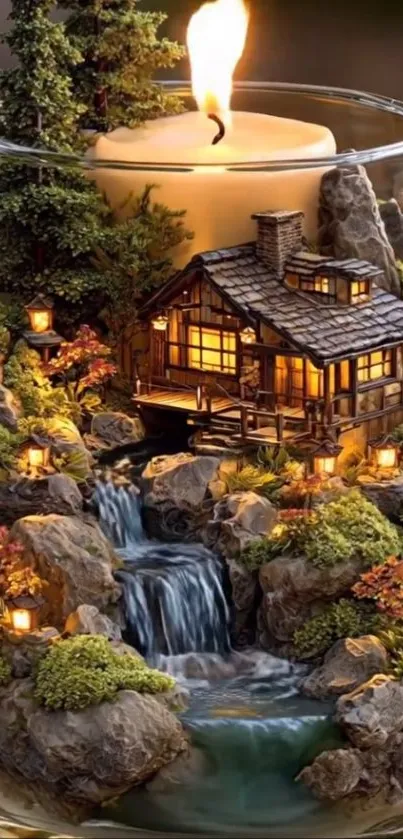 Cozy cabin surrounded by nature inside a glass with candlelight.