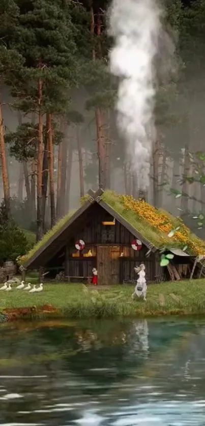 Cozy cabin by a misty lake in a forest with ducks.