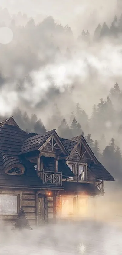 A cozy cabin nestled in a misty forest, creating a serene and peaceful ambiance.