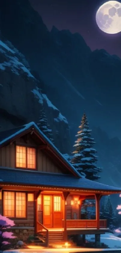 Cozy cabin under a moonlit mountain landscape at night.