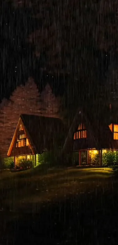 Cabin in forest at night with warm lights and a rainy sky.