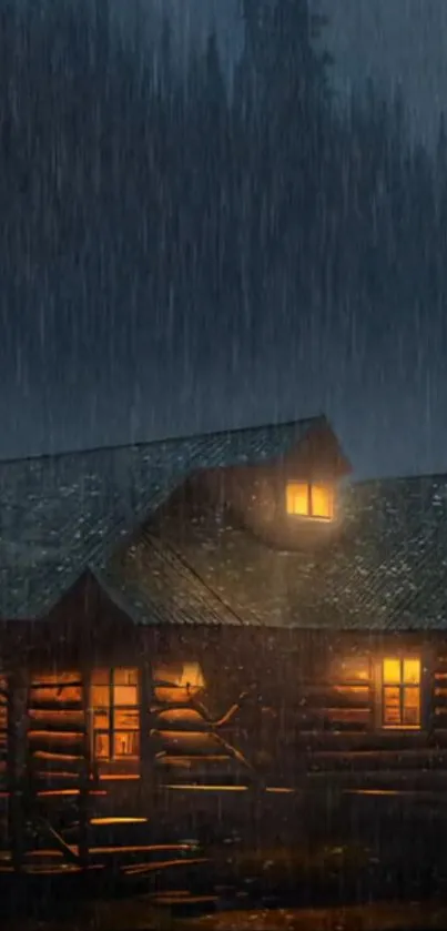 A cozy wooden cabin illuminated during a rainy night, creating a serene atmosphere.