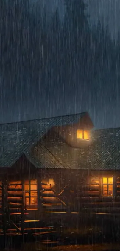 Cozy wooden cabin in the rain at night, emitting warm light.