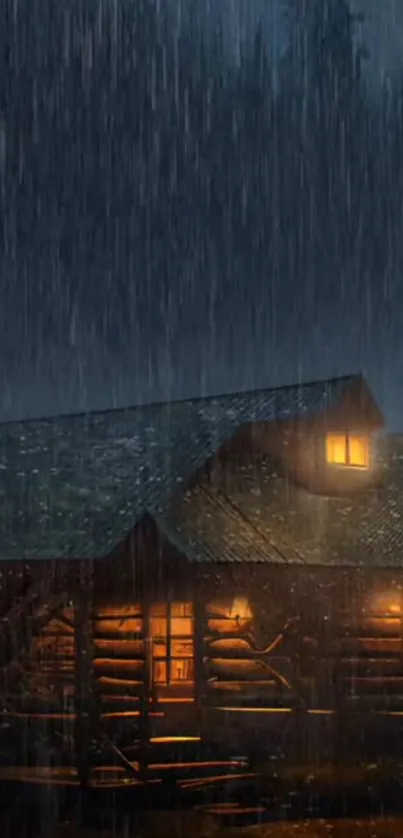 Cozy cabin illuminated at night in a tranquil rainy setting.