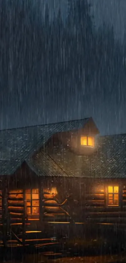 Rainy night cozy cabin with glowing lights.