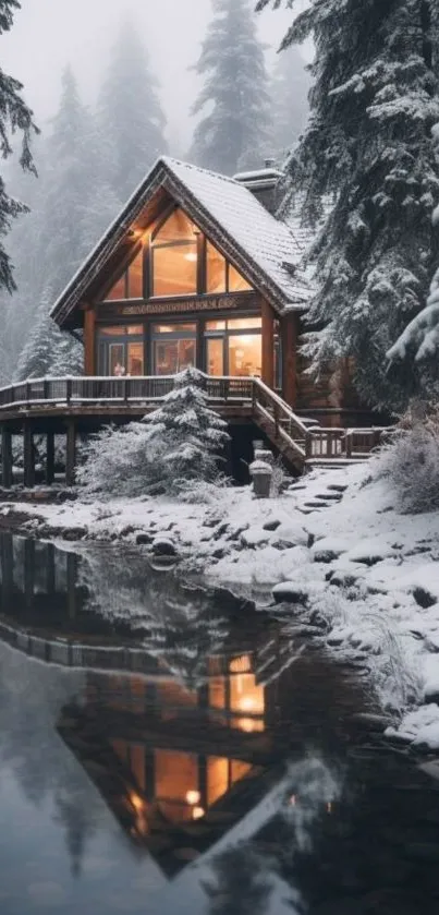 Cozy cabin by a snowy forest and reflective water stream.