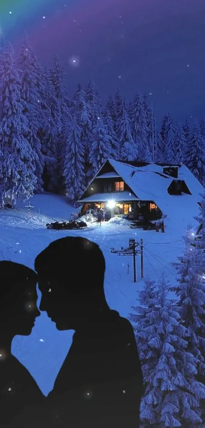Cozy cabin nestled in a snowy forest under a deep blue night sky.