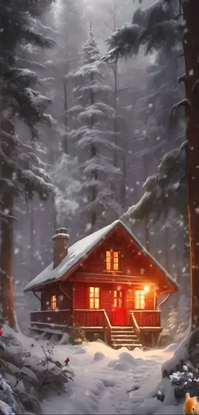 A cozy cabin glowing warmly amidst a snowy forest.