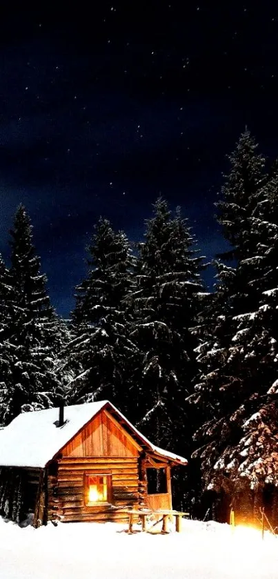 Cozy cabin in a snowy forest under a starry night sky.