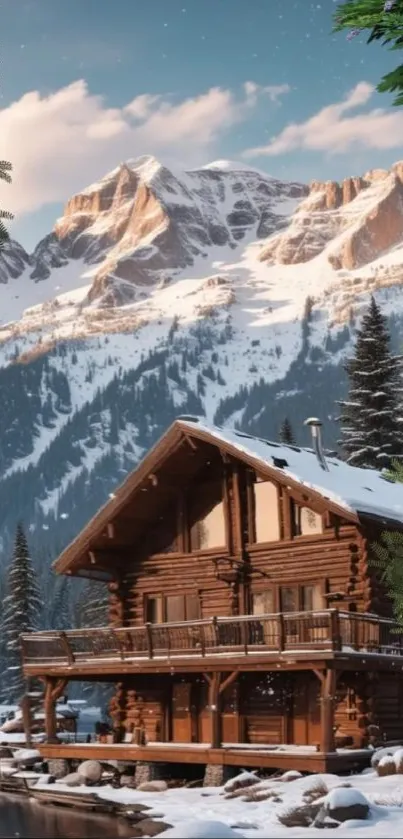 Log cabin in snowy mountain landscape