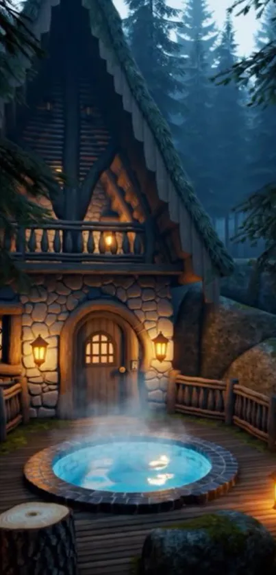 Cozy cabin with hot tub in the forest at night, illuminated by warm lights.