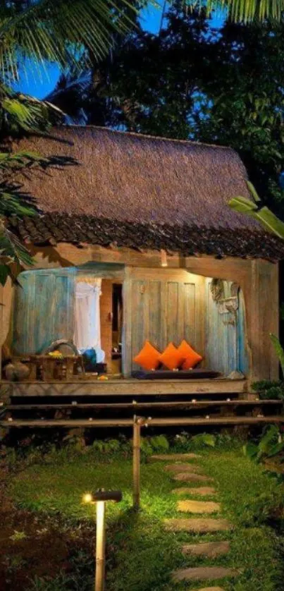 Cozy cabin wallpaper with tropical forest setting and lush greenery.